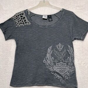 Harley Davidson bead, bling, cut out scoopneck, crest, graphic T-shirt, size M